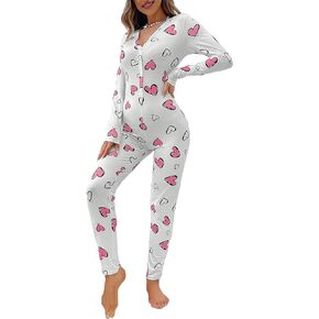 WDIRARA Women's Sleepwear Heart Print Button Front Long Sleeve One Piece Sleep Romper Pajama Jumpsuit