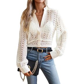 GORGLITTER Women's Crochet Button Down Crop Blouse Top Hollow Out Long Sleeve Shirt Coat