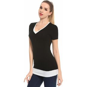 AmélieBoutik Women Color Trim V Neck Short Sleeve Top