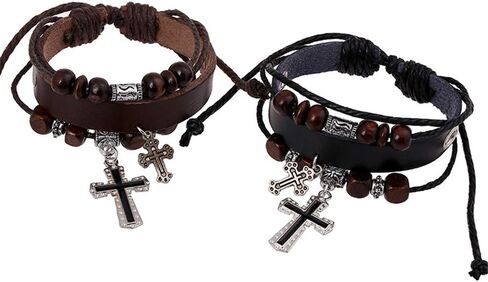 مجموعة أساور جلدية مصنوعة يدويًا من SMALLLOVE للرجال والنساء، سوار كلاسيكي مزين بالخرز المتقاطع باللون الأسود، سوار قابل للتعديل in Kuwait