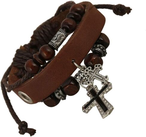 مجموعة أساور جلدية مصنوعة يدويًا من SMALLLOVE للرجال والنساء، سوار كلاسيكي مزين بالخرز المتقاطع باللون الأسود، سوار قابل للتعديل in Kuwait