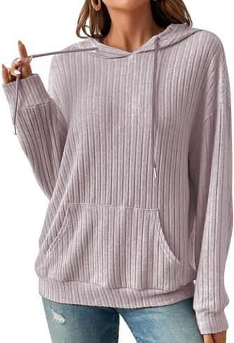 هوديس نسائي ناعم 2023 سويت شيرت منسوج مضلع قابل للتمدد وأكمام طويلة بلوفر أنيق مع جيوب in Kuwait