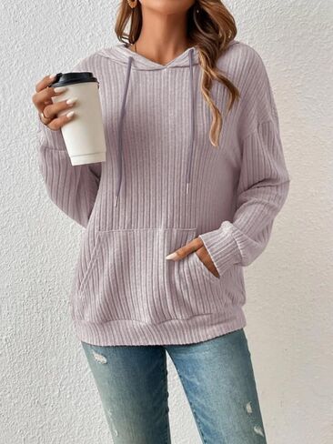 هوديس نسائي ناعم 2023 سويت شيرت منسوج مضلع قابل للتمدد وأكمام طويلة بلوفر أنيق مع جيوب in Kuwait