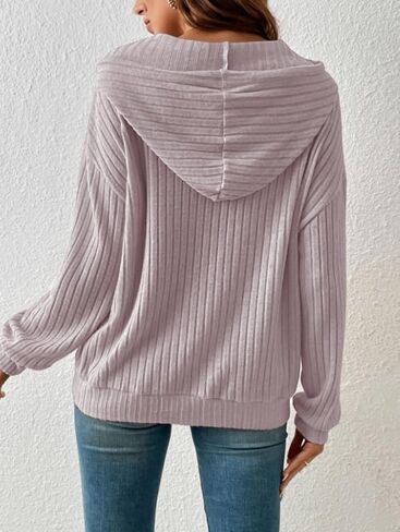 هوديس نسائي ناعم 2023 سويت شيرت منسوج مضلع قابل للتمدد وأكمام طويلة بلوفر أنيق مع جيوب in Kuwait