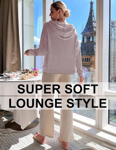 هوديس نسائي ناعم 2023 سويت شيرت منسوج مضلع قابل للتمدد وأكمام طويلة بلوفر أنيق مع جيوب in Kuwait