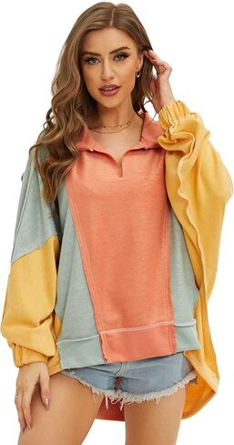 Labolliy Women Color Block Oversized Sweatshirt Lapel Collared V Neck Long Batwing Sleeve Patchwork Pullover Y2K Tops in Kuwait