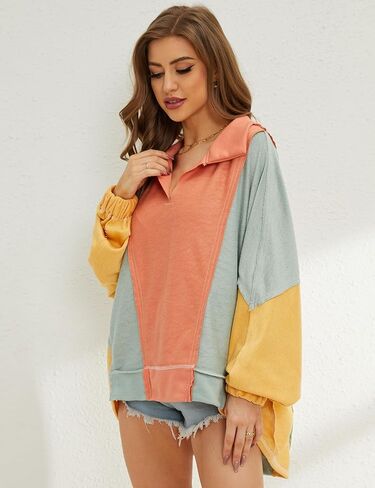 Labolliy Women Color Block Oversized Sweatshirt Lapel Collared V Neck Long Batwing Sleeve Patchwork Pullover Y2K Tops in Kuwait