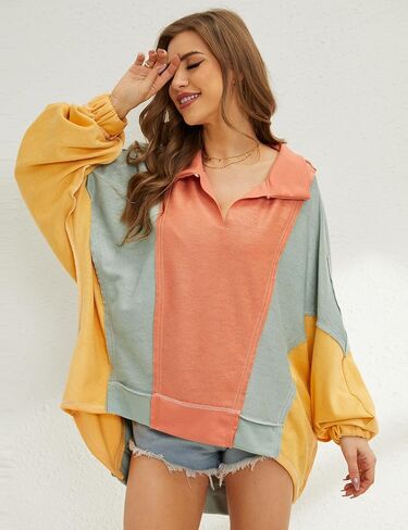 Labolliy Women Color Block Oversized Sweatshirt Lapel Collared V Neck Long Batwing Sleeve Patchwork Pullover Y2K Tops in Kuwait