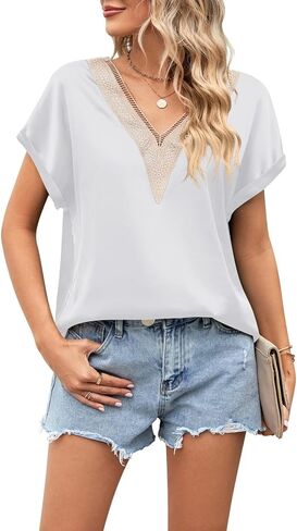 Satin Blouses for Women Guipure Lace Deep V Neck Shirts Short Cap Sleeve Summer Tops 2023 in Saudi Arabia