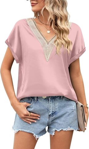 Satin Blouses for Women Guipure Lace Deep V Neck Shirts Short Cap Sleeve Summer Tops 2023 in Saudi Arabia
