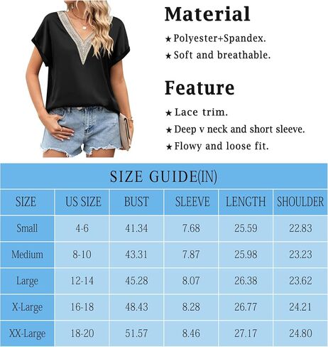 Satin Blouses for Women Guipure Lace Deep V Neck Shirts Short Cap Sleeve Summer Tops 2023 in Saudi Arabia