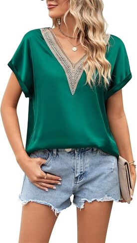 Satin Blouses for Women Guipure Lace Deep V Neck Shirts Short Cap Sleeve Summer Tops 2023 in Saudi Arabia