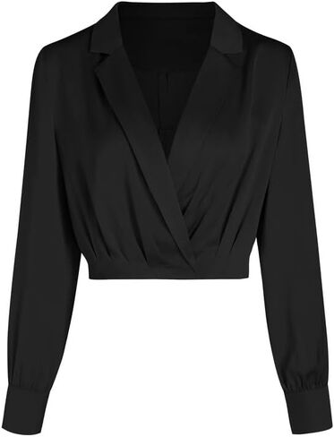 Women's Elegant Satin Wrap Crop Tops Long Sleeve Silk Shirt with Half Zipper in Kuwait