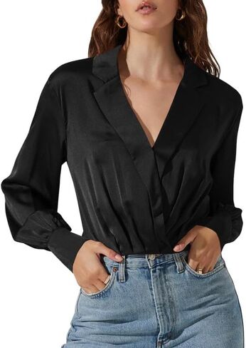 Women's Elegant Satin Wrap Crop Tops Long Sleeve Silk Shirt with Half Zipper in Kuwait
