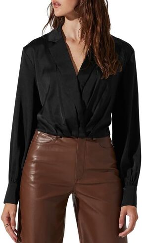 Women's Elegant Satin Wrap Crop Tops Long Sleeve Silk Shirt with Half Zipper in Kuwait