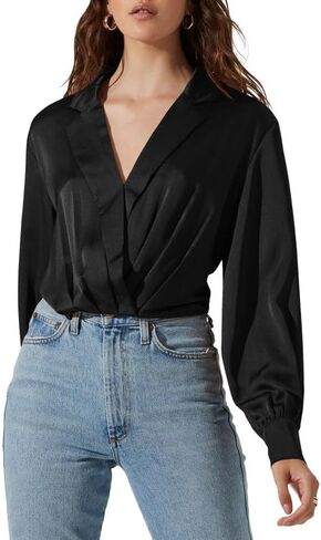 Women's Elegant Satin Wrap Crop Tops Long Sleeve Silk Shirt with Half Zipper in Kuwait