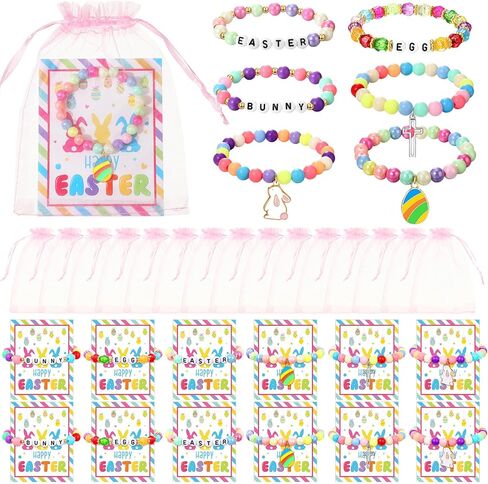 Ecation 24 Set Easter Bracelets Set Include 24 Easter Charm Bracelet Beaded Stretch Bracelets with Card and Organza Bag for Kids Teens Easter Party Favors in Saudi Arabia