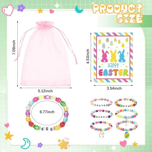 Ecation 24 Set Easter Bracelets Set Include 24 Easter Charm Bracelet Beaded Stretch Bracelets with Card and Organza Bag for Kids Teens Easter Party Favors in Saudi Arabia