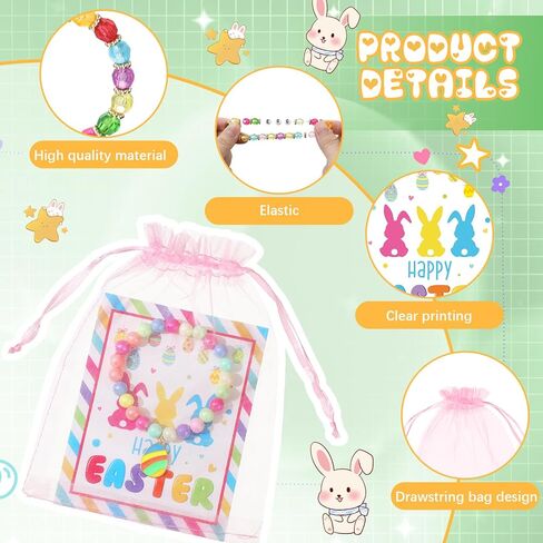 Ecation 24 Set Easter Bracelets Set Include 24 Easter Charm Bracelet Beaded Stretch Bracelets with Card and Organza Bag for Kids Teens Easter Party Favors in Saudi Arabia