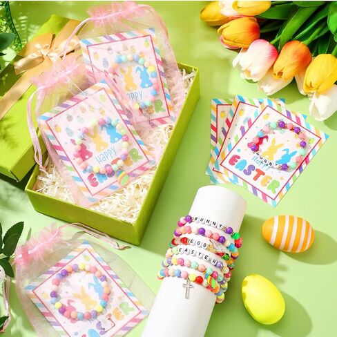 Ecation 24 Set Easter Bracelets Set Include 24 Easter Charm Bracelet Beaded Stretch Bracelets with Card and Organza Bag for Kids Teens Easter Party Favors in Saudi Arabia