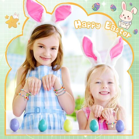 Ecation 24 Set Easter Bracelets Set Include 24 Easter Charm Bracelet Beaded Stretch Bracelets with Card and Organza Bag for Kids Teens Easter Party Favors in Saudi Arabia