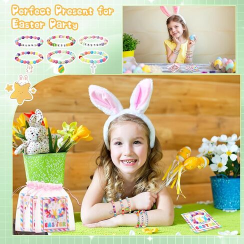 Ecation 24 Set Easter Bracelets Set Include 24 Easter Charm Bracelet Beaded Stretch Bracelets with Card and Organza Bag for Kids Teens Easter Party Favors in Saudi Arabia
