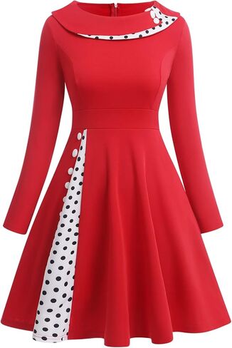 Women Vintage Polka Dot 1950s Audrey Retro Rockabilly Prom Dress 50s Long Sleeve Patchwork Cocktail Party Swing Dress in Kuwait