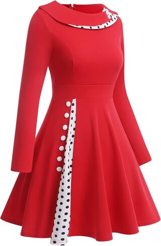 Women Vintage Polka Dot 1950s Audrey Retro Rockabilly Prom Dress 50s Long Sleeve Patchwork Cocktail Party Swing Dress in Kuwait