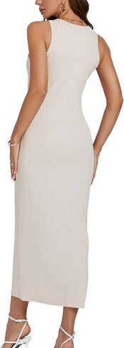 فستان LYANER نسائي منسوج مضلع ورقبة دائرية مقاس نحيف بدون أكمام Bodycon أساسي بدون أكمام متوسط ​​الطول in Saudi Arabia