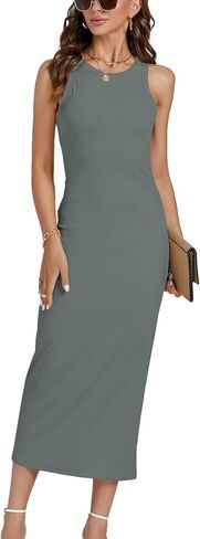 فستان LYANER نسائي منسوج مضلع ورقبة دائرية مقاس نحيف بدون أكمام Bodycon أساسي بدون أكمام متوسط ​​الطول in Saudi Arabia