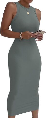 فستان LYANER نسائي منسوج مضلع ورقبة دائرية مقاس نحيف بدون أكمام Bodycon أساسي بدون أكمام متوسط ​​الطول in Saudi Arabia
