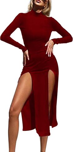 LYANER Women's Double High Split Slit Front Mock Neck Long Sleeve Club Party Midi Dress in Saudi Arabia