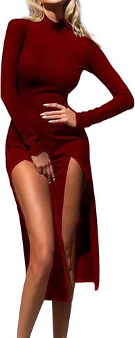 LYANER Women's Double High Split Slit Front Mock Neck Long Sleeve Club Party Midi Dress in Saudi Arabia