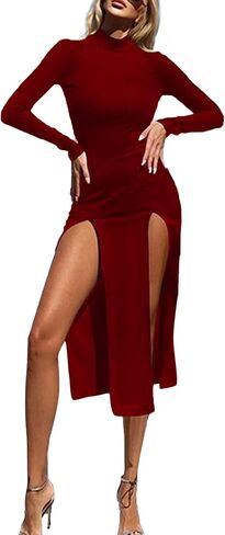 LYANER Women's Double High Split Slit Front Mock Neck Long Sleeve Club Party Midi Dress in Saudi Arabia