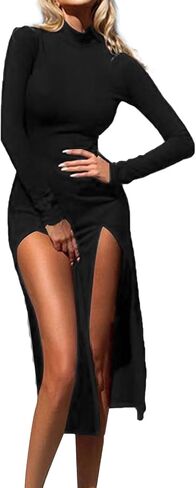 LYANER Women's Double High Split Slit Front Mock Neck Long Sleeve Club Party Midi Dress in Saudi Arabia