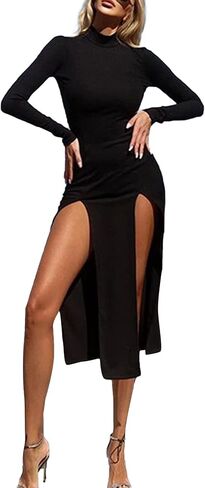 LYANER Women's Double High Split Slit Front Mock Neck Long Sleeve Club Party Midi Dress in Saudi Arabia