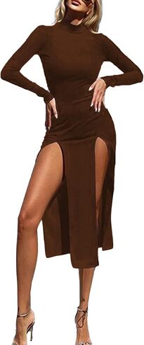LYANER Women's Double High Split Slit Front Mock Neck Long Sleeve Club Party Midi Dress in Saudi Arabia