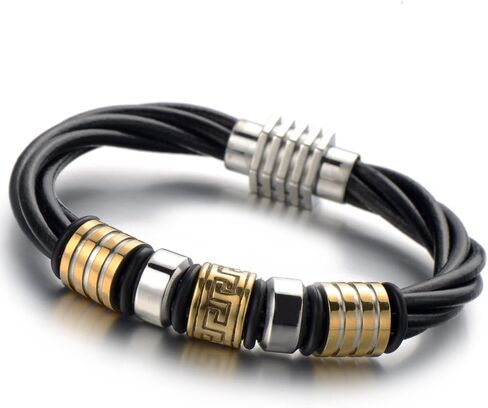 COOLSTEELANDBEYOND Mens Black Braided Leather Bracelet with Steel Charms in Gold Color Bangle Wristband in Saudi Arabia