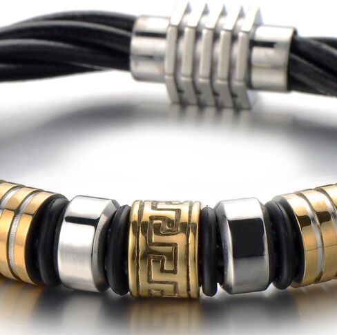 COOLSTEELANDBEYOND Mens Black Braided Leather Bracelet with Steel Charms in Gold Color Bangle Wristband in Saudi Arabia