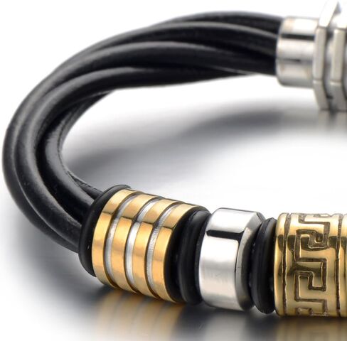 COOLSTEELANDBEYOND Mens Black Braided Leather Bracelet with Steel Charms in Gold Color Bangle Wristband in Saudi Arabia