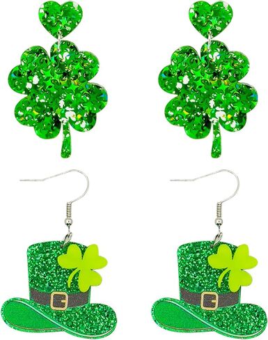 St Patricks Day Earrings Sparky Green Four Leaf Hat Shamrock Danlge Earrings for Women Girls Irish Holiday Gift in Saudi Arabia