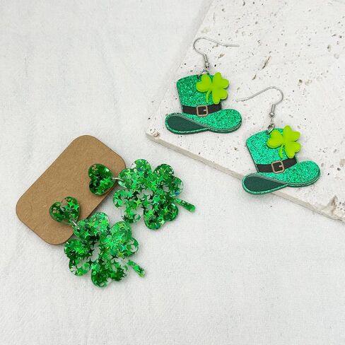 St Patricks Day Earrings Sparky Green Four Leaf Hat Shamrock Danlge Earrings for Women Girls Irish Holiday Gift in Saudi Arabia