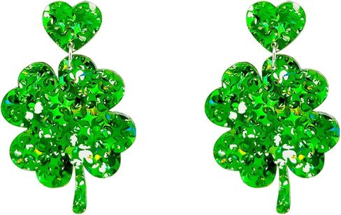 St Patricks Day Earrings Sparky Green Four Leaf Hat Shamrock Danlge Earrings for Women Girls Irish Holiday Gift in Saudi Arabia