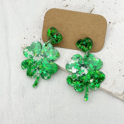 St Patricks Day Earrings Sparky Green Four Leaf Hat Shamrock Danlge Earrings for Women Girls Irish Holiday Gift in Saudi Arabia