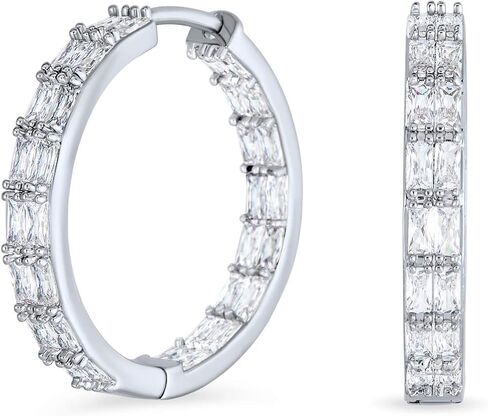 Bridal Statement AAA CZ Brilliant Emerald Cut Cubic Zirconia Milgrain Setting Inside Out CZS Hoop Earrings For Women Wedding Prom Holiday Formal Party For Pierced Ear Silver Plated 1 Inch Diameter in Saudi Arabia