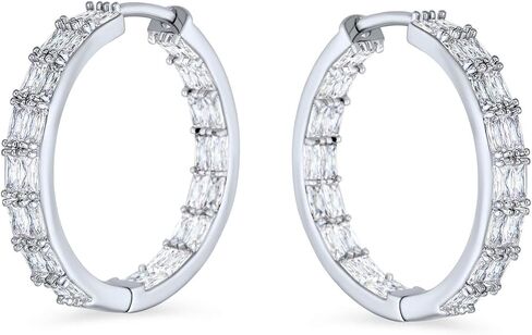 Bridal Statement AAA CZ Brilliant Emerald Cut Cubic Zirconia Milgrain Setting Inside Out CZS Hoop Earrings For Women Wedding Prom Holiday Formal Party For Pierced Ear Silver Plated 1 Inch Diameter in Saudi Arabia