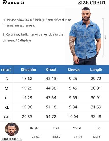 Runcati Mens Denim Shirts Short Sleeve Patchwork Button Down Casual Hippie Summer Jean Shirt in Saudi Arabia