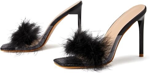 النساء الأرنب الأبيض الفراء واضح اللمحة تو النعال ساحة تو الخناجر الشرائح صندل كعب عالٍ شفاف بولي كلوريد الفينيل البغال أحذية الحفلات in Kuwait