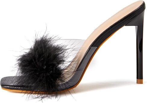 النساء الأرنب الأبيض الفراء واضح اللمحة تو النعال ساحة تو الخناجر الشرائح صندل كعب عالٍ شفاف بولي كلوريد الفينيل البغال أحذية الحفلات in Kuwait