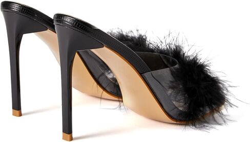 النساء الأرنب الأبيض الفراء واضح اللمحة تو النعال ساحة تو الخناجر الشرائح صندل كعب عالٍ شفاف بولي كلوريد الفينيل البغال أحذية الحفلات in Kuwait